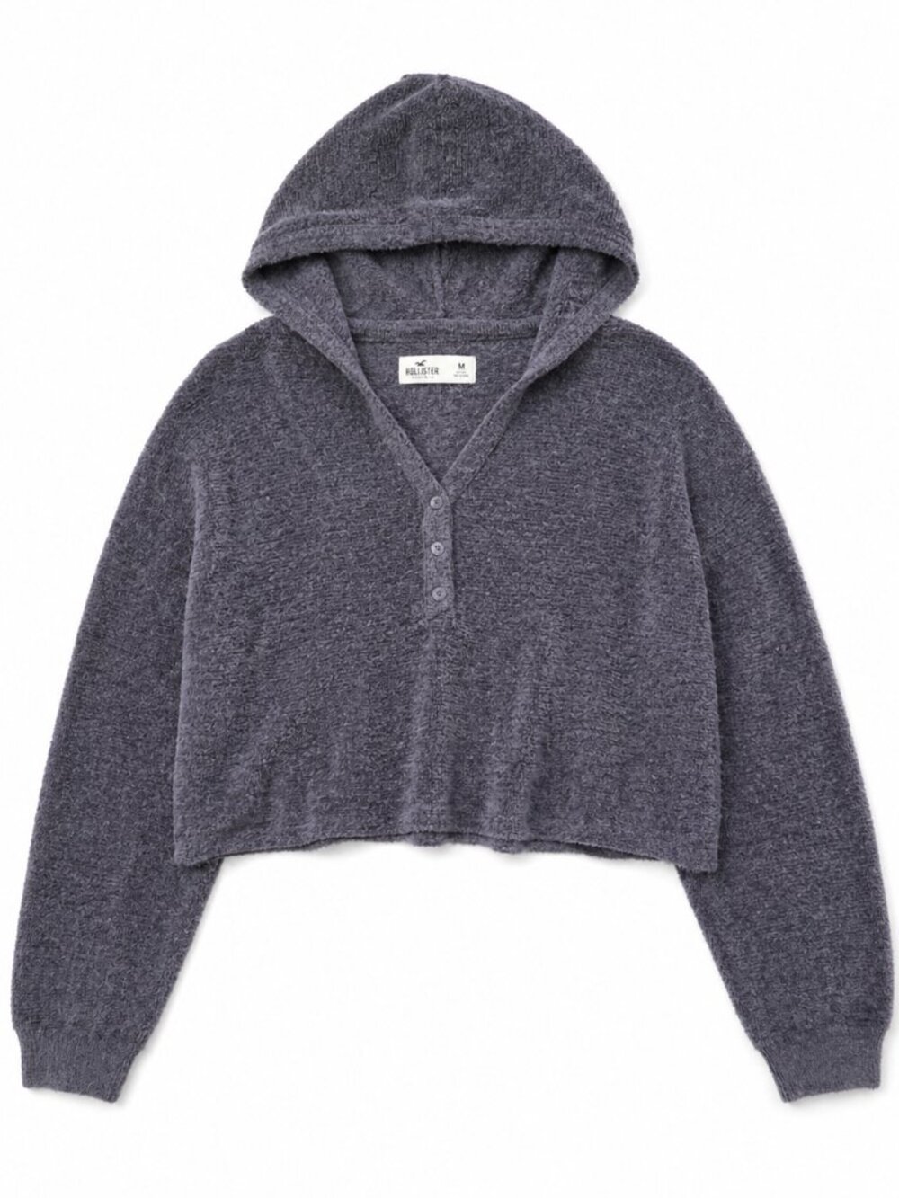 Hollister Women's Charcoal Cropped Quarter Snap Warm Fuzzy Sweater, Size Medium